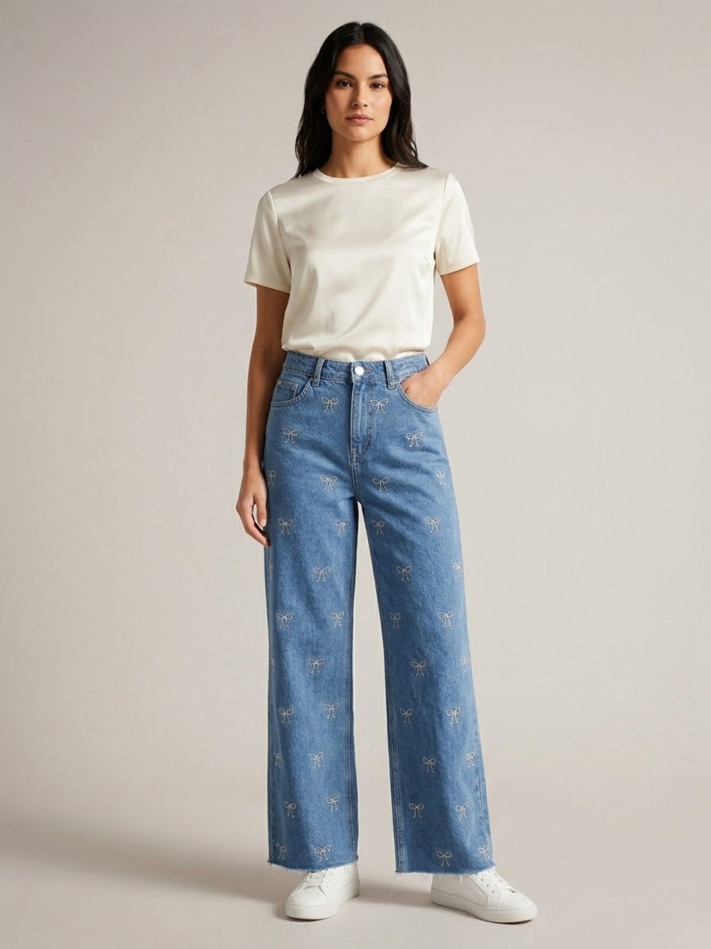 JFORJUSTIFY All Over Embroidered Bow High Rise Wide Leg Denim Jeans